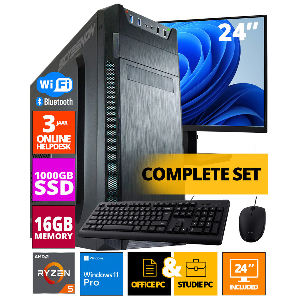 Budget Office PC Set - Ryzen 5 - 1 TB NVME SSD - 16 GB RAM - Radeon Ve