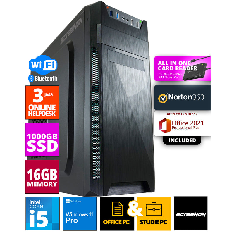 Intel Office PC - Intel Core i5 - 1 TB NVME SSD - 16 GB RAM - GTX 1650 - einschließlich Büroprofi plus 2021, Norton 360 & USB SD -Kartenleser