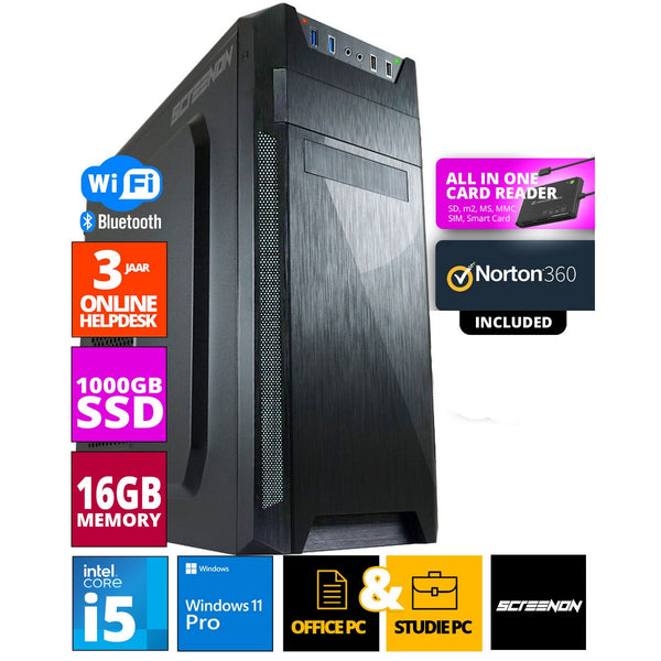 Intel Office PC - Intel Core i5 - 1 TB NVME SSD - 16 GB RAM - GTX 1660 - einschließlich Büroprofi plus 2021, Norton 360 & USB SD -Kartenleser