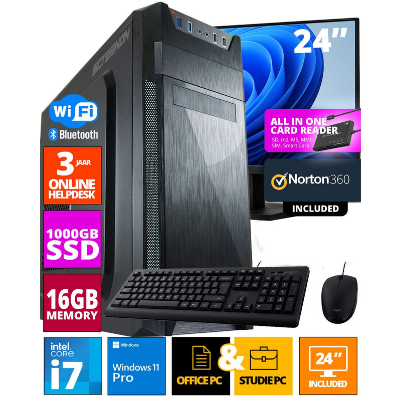 Intel Budget Office PC Set - Büro -PC - 24 -Zoll -Monitor + Maus + Tastatur - einschließlich Büroprofi plus 2021, Norton 360 und USB SD -Kartenleser