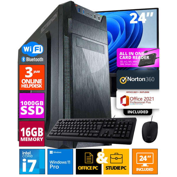 Intel Budget Office PC Set - Büro -PC - 24 -Zoll -Monitor + Maus + Tastatur - einschließlich Büroprofi plus 2021, Norton 360 und USB SD -Kartenleser