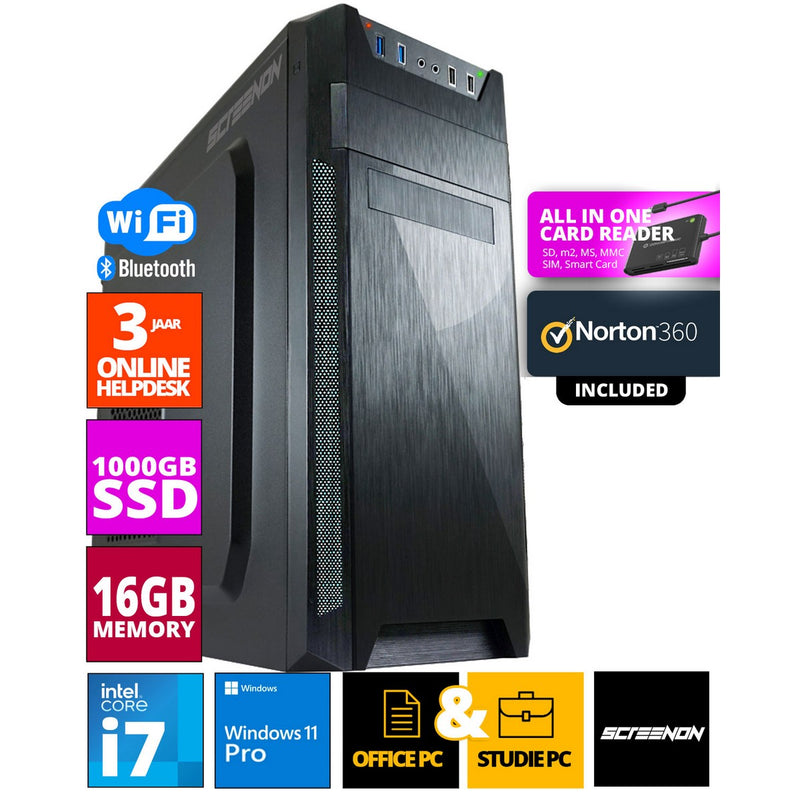 Intel Budget Office PC - Intel Core i7 - 1TB NVME SSD - 16 GB RAM - UHD Graphics 630 - einschließlich Büroprofi plus 2021, Norton 360 & USB SD -Kartenleser