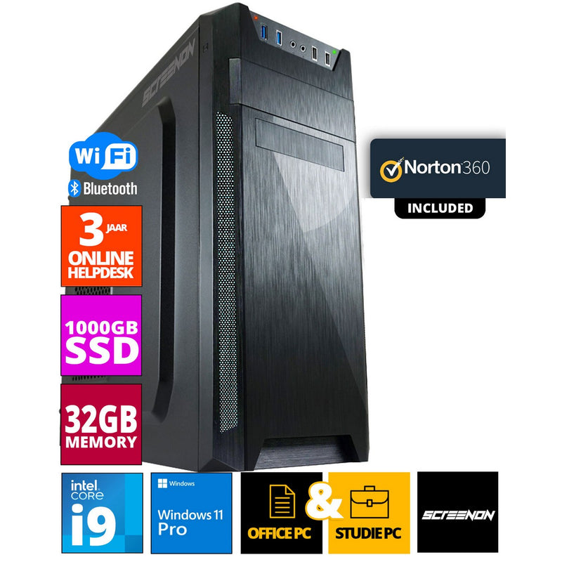 ScreenON - Allround Office PC - Intel Core i9 - 1TB M.2 SSD - 32GB RAM - UHD Graphics 750 - Inclusief Norton 360 + WiFi & Bluetooth