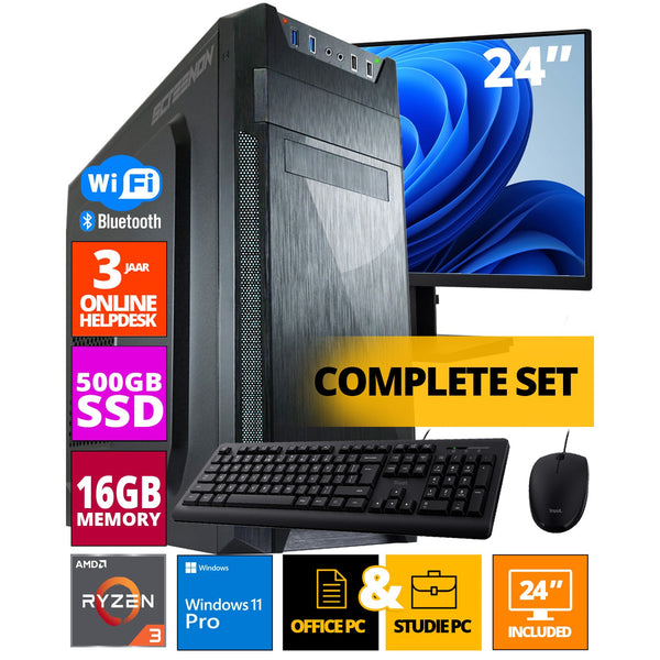 Budget Office PC Set - Ryzen 3 - 500 GB NVME SSD - 16 GB RAM - Radeon Vega 8 (24 -Zoll -Monitor | Maus | Tastatur | einschließlich Büroprofi plus 2021)