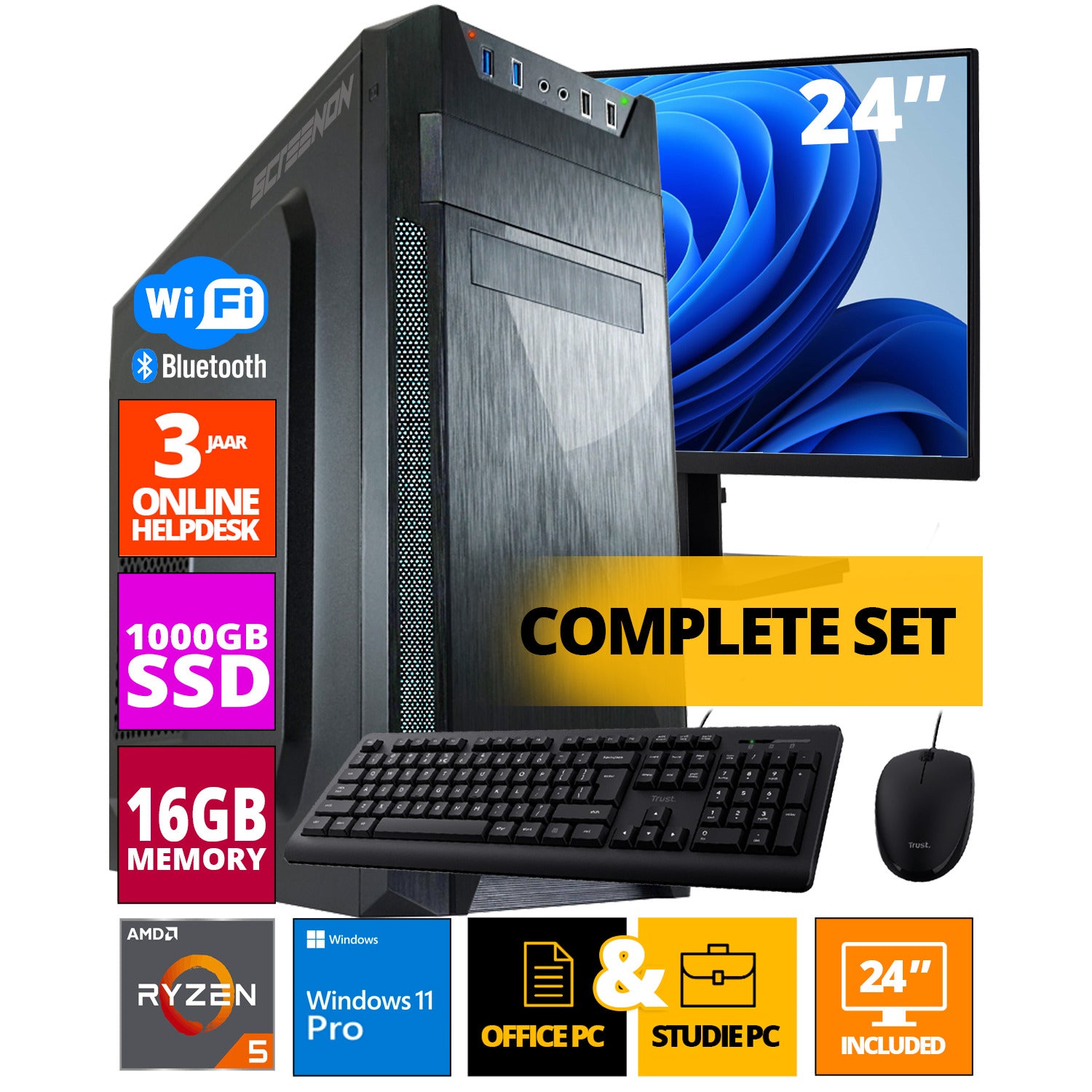 Budget Office PC Set - Ryzen 5 - 1 TB NVME SSD - 16 GB RAM - Radeon Ve