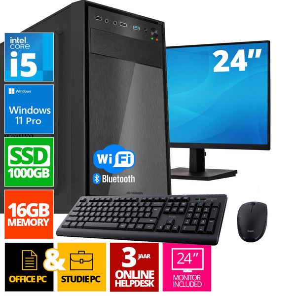Intel Complete PC Set | Intel Core i7 | 16 GB DDR4 | 1 TB SSD - NVME + 24 Zoll Monitor + Maus + Tastatur | Windows 11 Pro