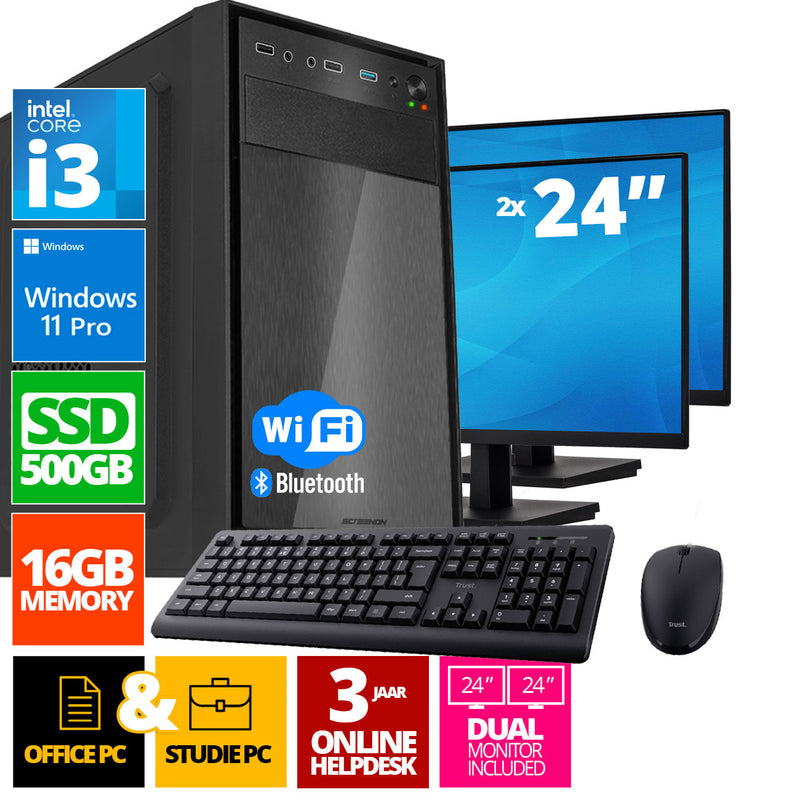 Intel Complete PC Set | Intel Core i3 | 16 GB DDR4 | 500 GB SSD - NVME + 2 x 24 Zoll Monitor + Maus + Tastatur | Windows 11 Pro