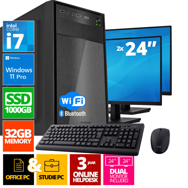 Intel Complete PC Set | Intel Core i7 | 32 GB DDR4 | 1 TB SSD - NVME + 2 x 24 Zoll Monitor + Maus + Tastatur | Windows 11 Pro