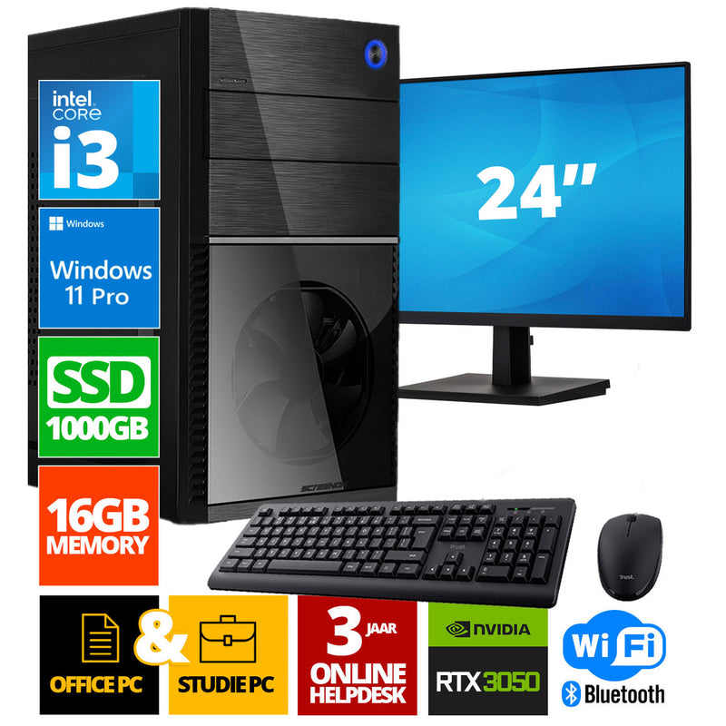 Intel Complete PC + 24 "Monitor + Maus und Tastatur | Intel Core i3 | 16 GB DDR4 | 1 TB SSD - NVME | RTX 3050 | Windows 11 Pro