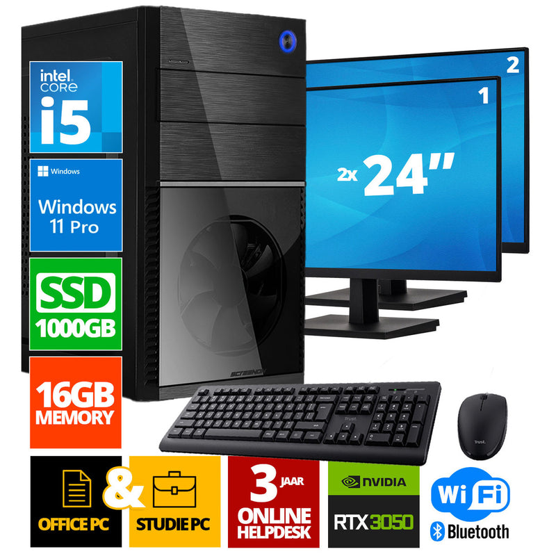 Intel Complete PC + 2 x 24 "Monitor + Maus und Tastatur | Intel Core i5 | 16 GB DDR4 | 1 TB SSD - NVME | RTX 3050 | Windows 11 Pro