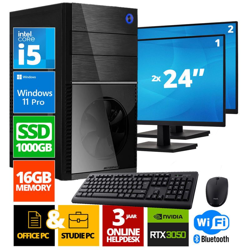 Intel Complete PC + 2 x 24 "Monitor + Maus und Tastatur | Intel Core i3 | 16 GB DDR4 | 1 TB SSD - NVME | RTX 3050 | Windows 11 Pro