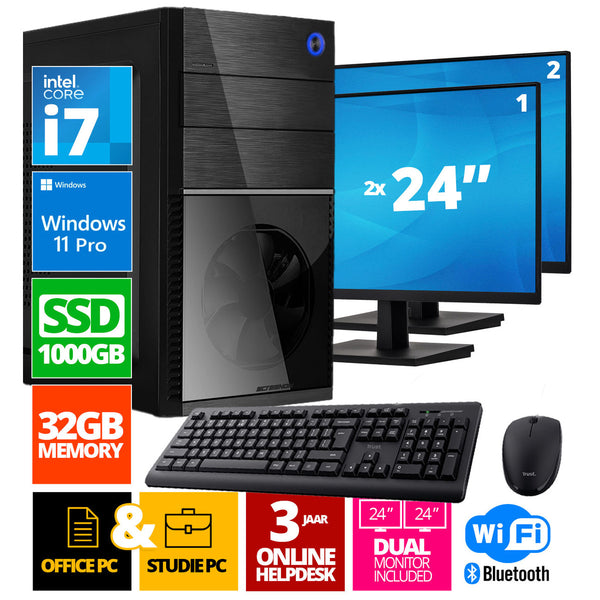 Intel Complete PC + 2 x 24 "Monitor + Maus und Tastatur | Intel Core i7 | 32 GB DDR4 | 1 TB SSD - NVME | RTX 3050 | Windows 11 Pro