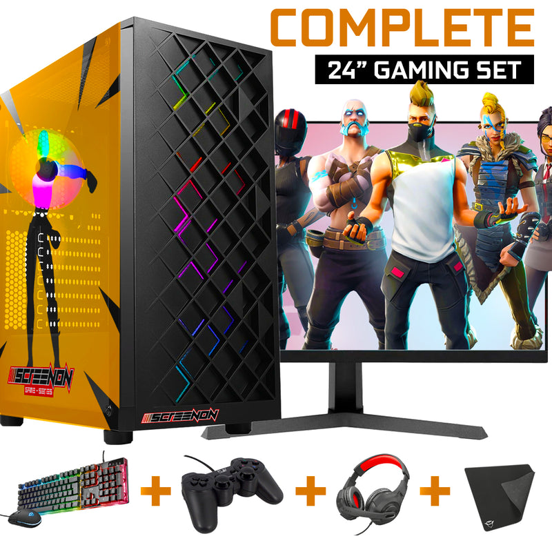 Screenon - Vollständige Fortnite Gaming -PC -Sets - (Spiele PC + 24 Zoll Monitor + Tastatur + Maus + Controller)