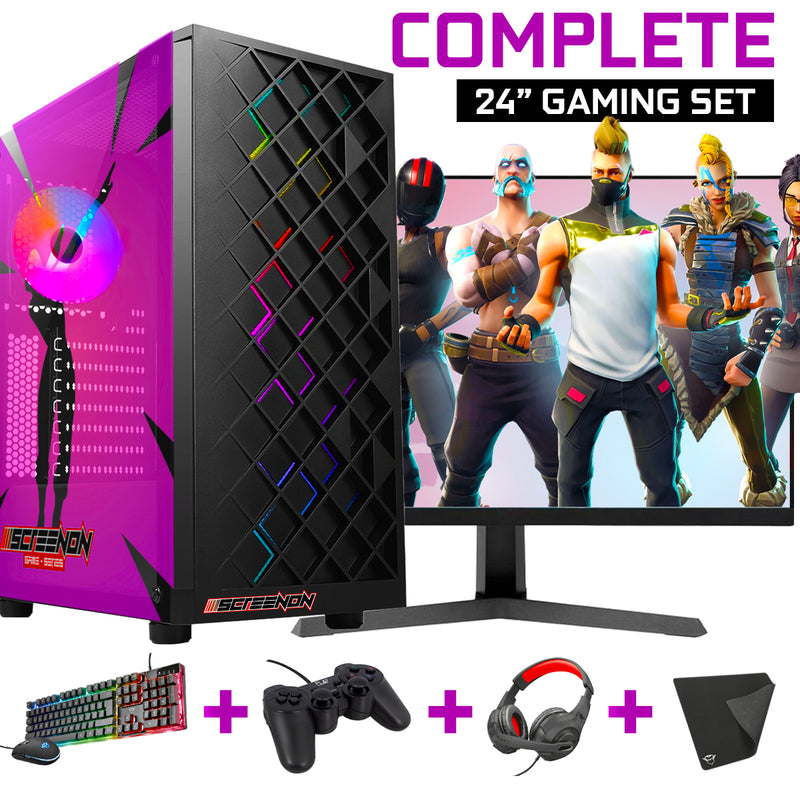 Screenon - Vollständige Fortnite Gaming -PC -Sets - (Spiele PC + 24 Zoll Monitor + Tastatur + Maus + Controller)