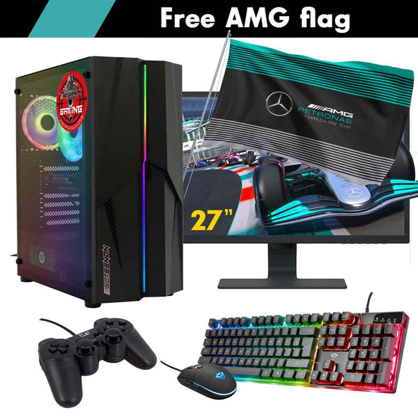 ScreenON - Racing Gaming Set + AMG Flag - F3104027 - (GamePC.F11040 + 27 Inch Monitor + Toetsenbord + Muis + Controller + Gratis AMG Flag) - ScreenOn
