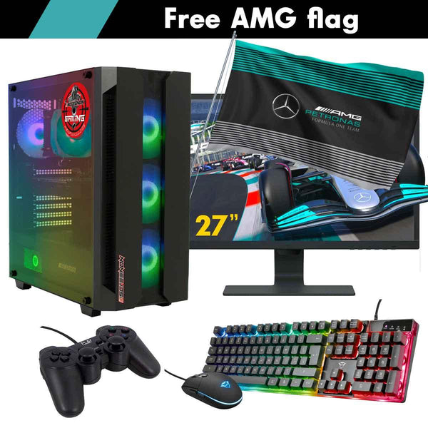 ScreenON - Racing Gaming Set + AMG Flag - F3315027 - (GamePC.F13050 + 27 Inch Monitor + Toetsenbord + Muis + Controller + Gratis AMG Flag) - ScreenOn