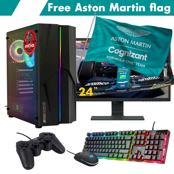 ScreenON - Racing Gaming Set + Aston Martin Flag - F4104024 - (GamePC.F11040 + 24 Inch Monitor + Toetsenbord + Muis + Controller + Gratis Aston Martin Flag) - ScreenOn