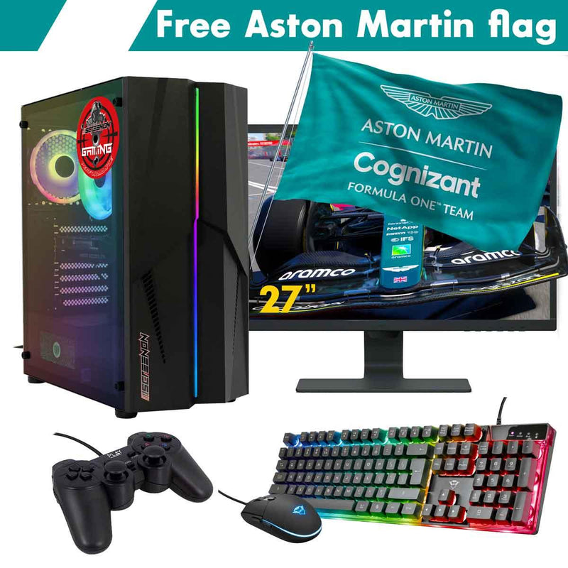 ScreenON - Racing Gaming Set + Aston Martin Flag - F4114027 - (GamePC.F11040 + 27 Inch Monitor + Toetsenbord + Muis + Controller + Gratis Aston Martin Flag) - ScreenOn