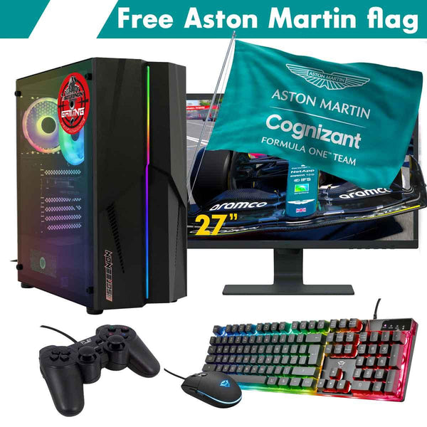 ScreenON - Racing Gaming Set + Aston Martin Flag - F4124027 - (GamePC.F11040 + 27 Inch Monitor + Toetsenbord + Muis + Controller + Gratis Aston Martin Flag) - ScreenOn