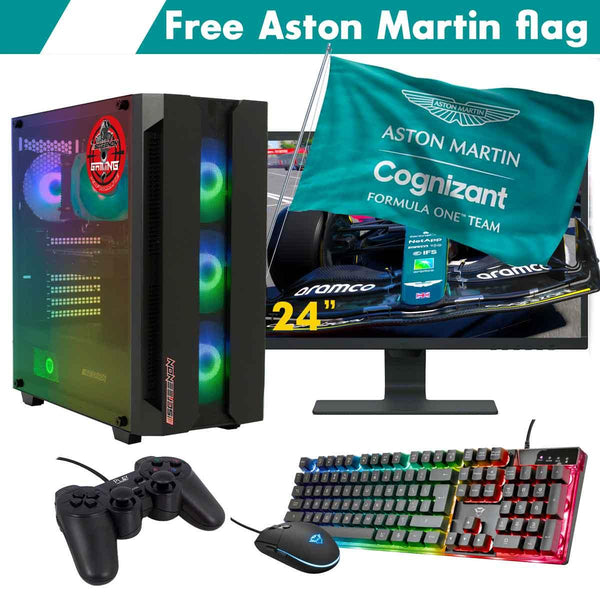 ScreenON - Racing Gaming Set + Aston Martin Flag - F4225024 - (GamePC.F12050 + 24 Inch Monitor + Toetsenbord + Muis + Controller + Gratis Aston Martin Flag) - ScreenOn