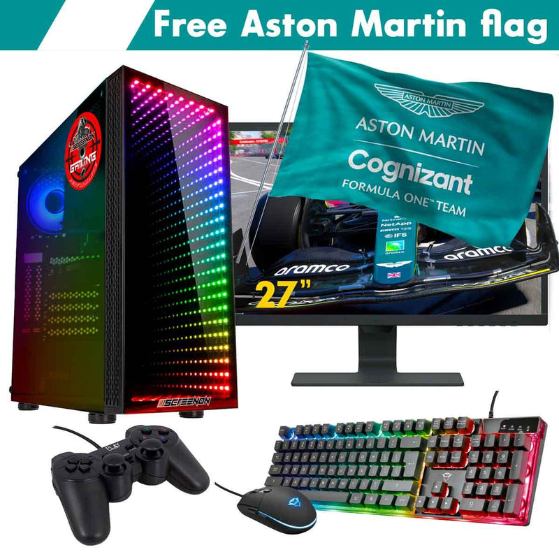 ScreenON - Racing Gaming Set + Aston Martin Flag - F4536527 - (GamePC.F15065 + 27 Inch Monitor + Toetsenbord + Muis + Controller + Gratis Aston Martin Flag) - ScreenOn