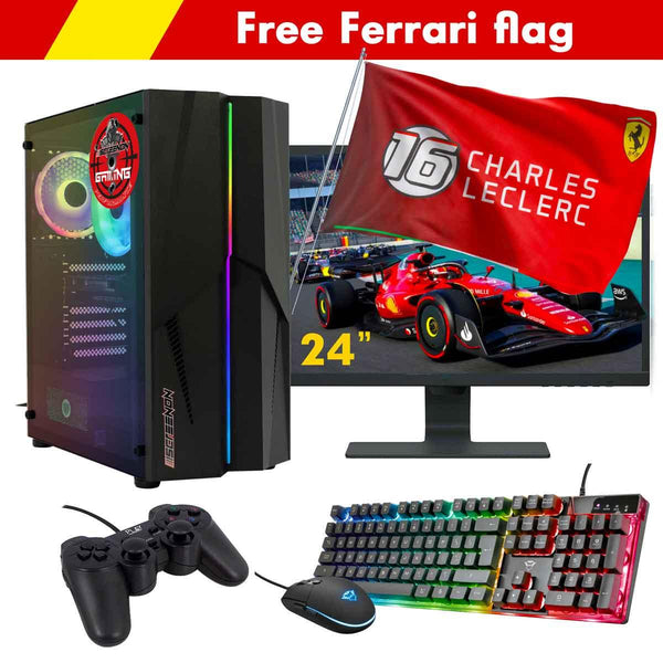 ScreenON - Racing Gaming Set + Ferrari Flag - F5114024 - (GamePC.F11040 + 24 Inch Monitor + Toetsenbord + Muis + Controller + Gratis Ferrari Flag) - ScreenOn