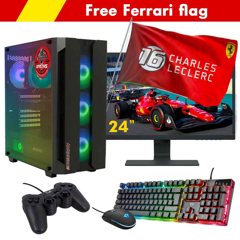 ScreenON - Racing Gaming Set + Ferrari Flag - F5225024 - (GamePC.F12050 + 24 Inch Monitor + Toetsenbord + Muis + Controller + Gratis Ferrari Flag) - ScreenOn