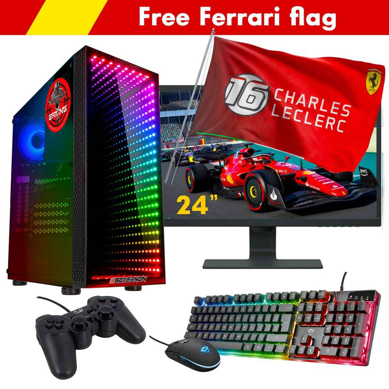 ScreenON - Racing Gaming Set + Ferrari Flag - F5426524 - (GamePC.F14065 + 24 Inch Monitor + Toetsenbord + Muis + Controller + Gratis Ferrari Flag) - ScreenOn