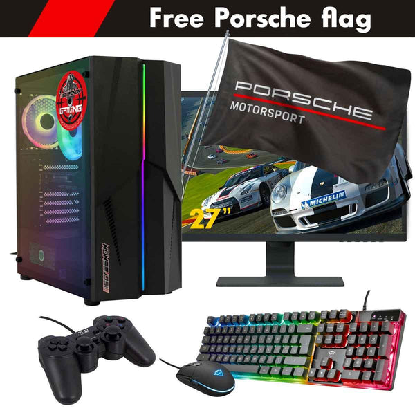 ScreenON - Racing Gaming Set + Porsche Flag - F6114027 - (GamePC.F11040 + 27 Inch Monitor + Toetsenbord + Muis + Controller + Gratis Porsche Flag) - ScreenOn