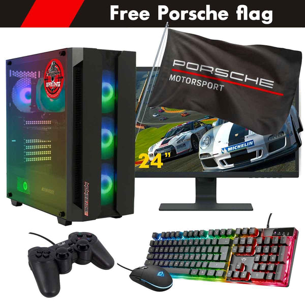 ScreenON - Racing Gaming Set + Porsche Flag - F6215024 - (GamePC.F12050 + 24 Inch Monitor + Toetsenbord + Muis + Controller + Gratis Porsche Flag) - ScreenOn