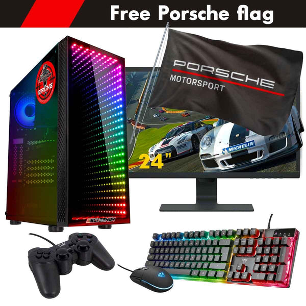 ScreenON - Racing Gaming Set + Porsche Flag - F6526524 - (GamePC.F15065 + 24 Inch Monitor + Toetsenbord + Muis + Controller + Gratis Porsche Flag) - ScreenOn