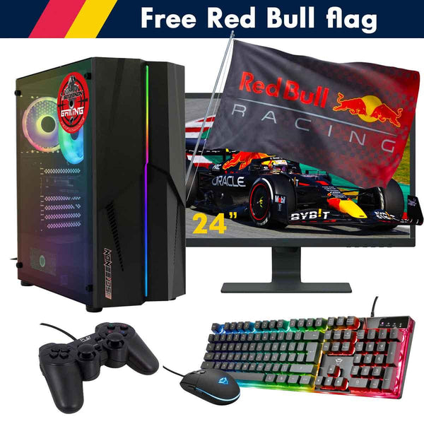 ScreenON - Racing Gaming Set + Red Bull Flag - F2104024 - (GamePC.F11040 + 24 Inch Monitor + Toetsenbord + Muis + Controller + Gratis Red Bull Flag) - ScreenOn