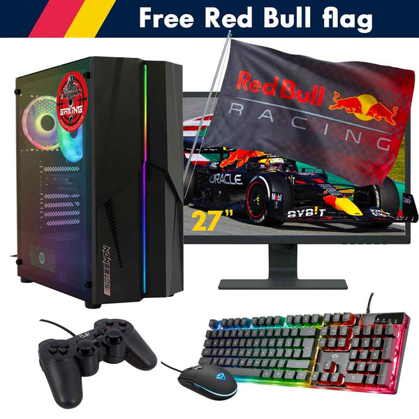 ScreenON - Racing Gaming Set + Red Bull Flag - F2104027 - (GamePC.F11040 + 27 Inch Monitor + Toetsenbord + Muis + Controller + Gratis Red Bull Flag) - ScreenOn