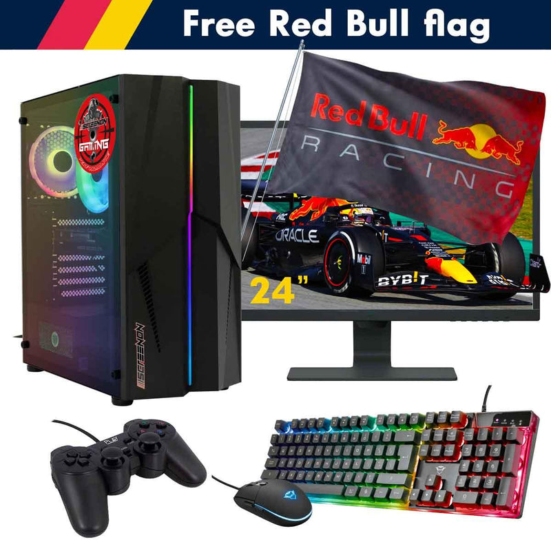 ScreenON - Racing Gaming Set + Red Bull Flag - F2124024 - (GamePC.F11040 + 24 Inch Monitor + Toetsenbord + Muis + Controller + Gratis Red Bull Flag) - ScreenOn