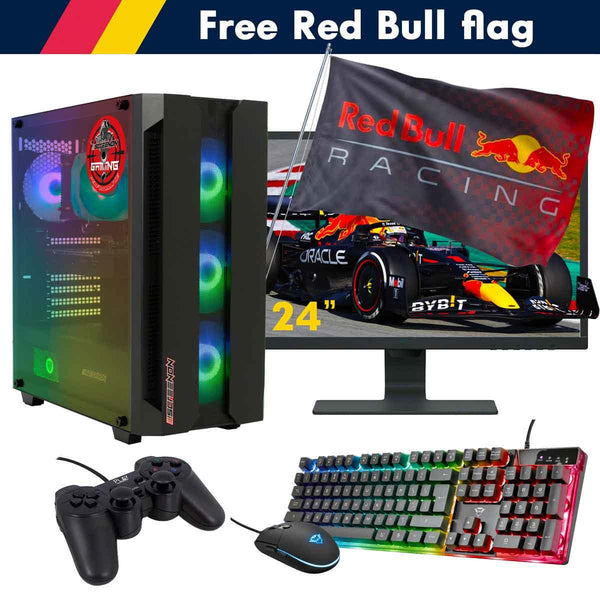 ScreenON - Racing Gaming Set + Red Bull Flag - F2215024 - (GamePC.F12050 + 24 Inch Monitor + Toetsenbord + Muis + Controller + Gratis Red Bull Flag) - ScreenOn