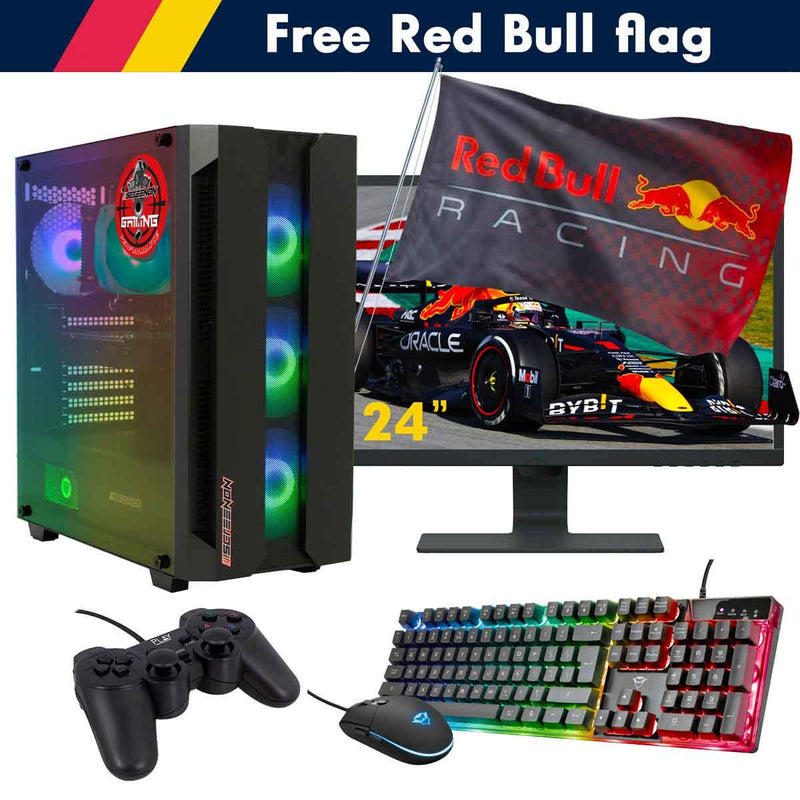 ScreenON - Racing Gaming Set + Red Bull Flag - F2315024 - (GamePC.F13050 + 24 Inch Monitor + Toetsenbord + Muis + Controller + Gratis Red Bull Flag) - ScreenOn