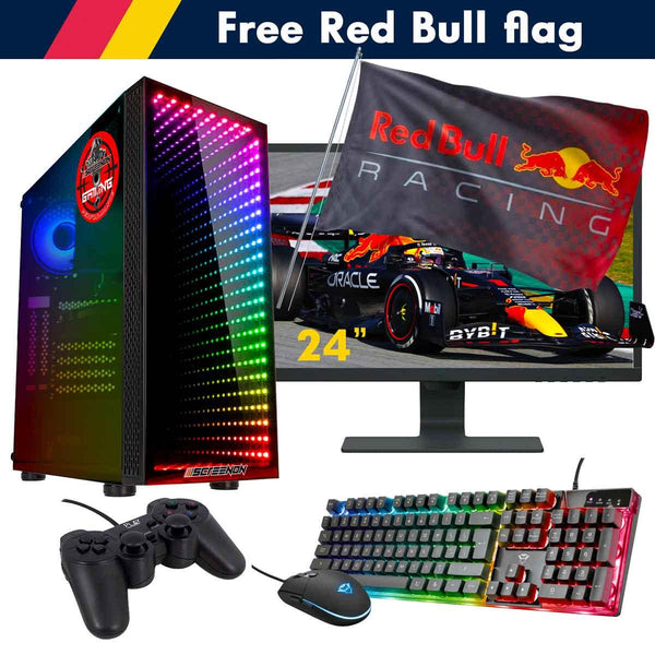 ScreenON - Racing Gaming Set + Red Bull Flag - F2436524 - (GamePC.F14065 + 24 Inch Monitor + Toetsenbord + Muis + Controller + Gratis Red Bull Flag) - ScreenOn